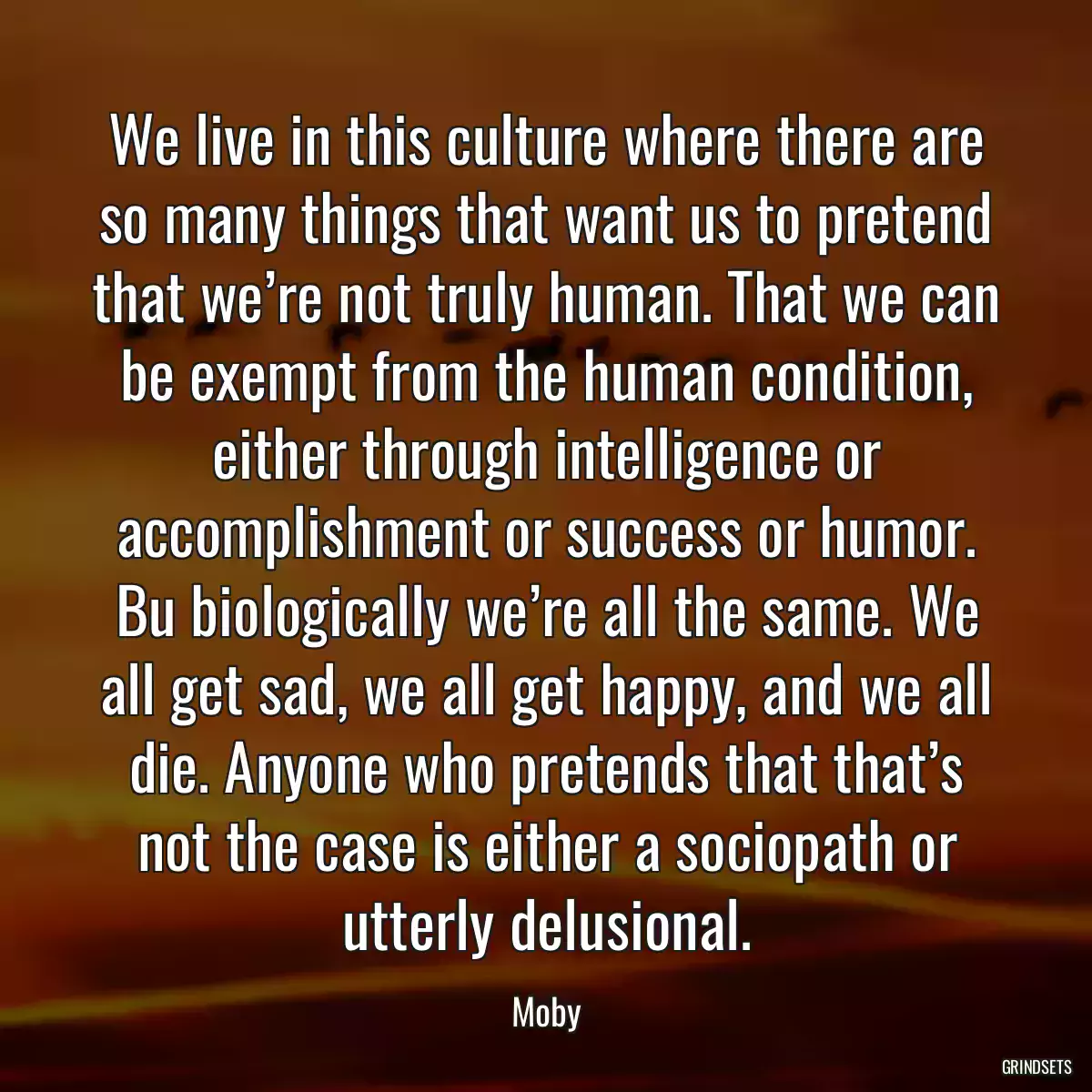 We live in this culture where there are so many things that want us to pretend that we’re not truly human. That we can be exempt from the human condition, either through intelligence or accomplishment or success or humor. Bu biologically we’re all the same. We all get sad, we all get happy, and we all die. Anyone who pretends that that’s not the case is either a sociopath or utterly delusional.