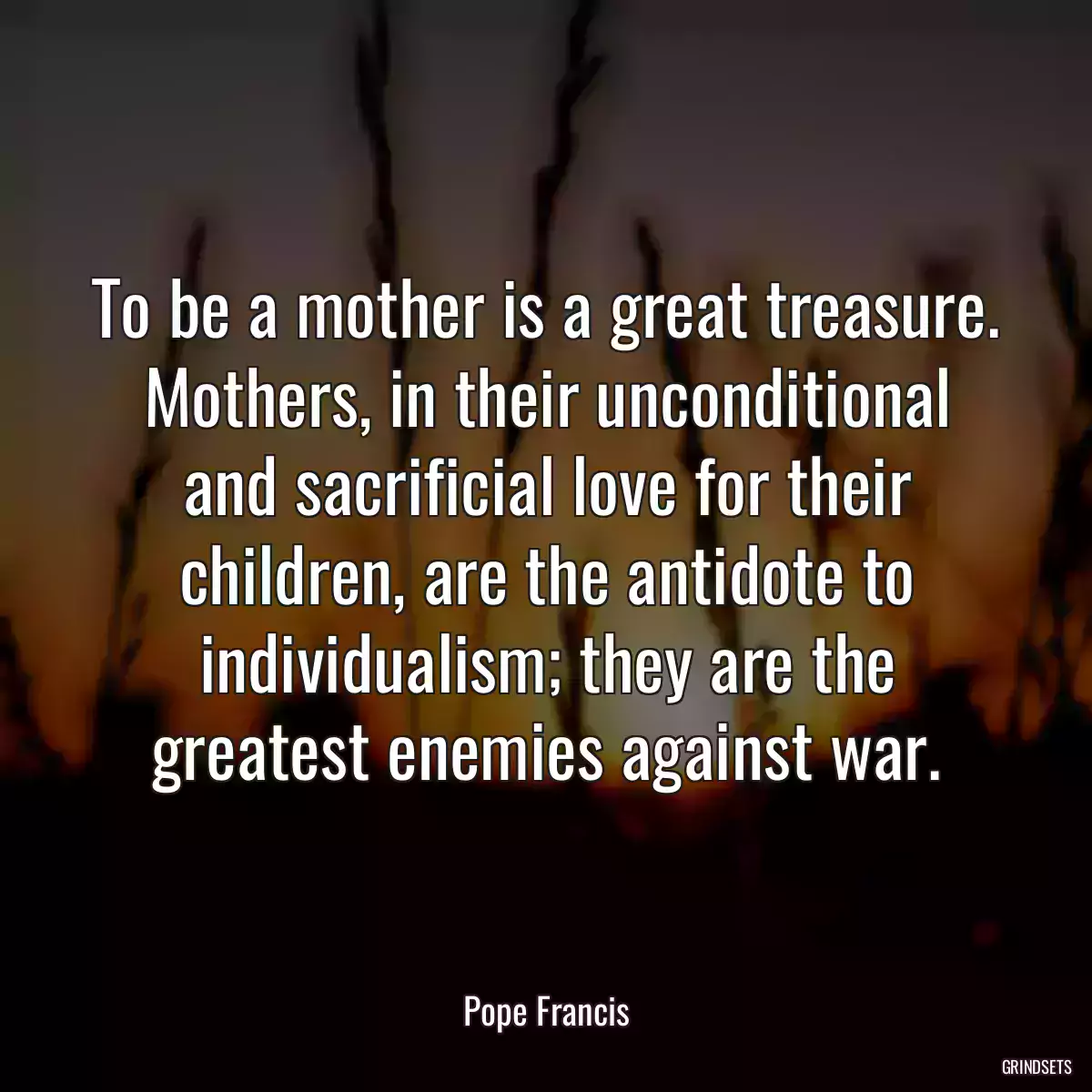 To be a mother is a great treasure. Mothers, in their unconditional and sacrificial love for their children, are the antidote to individualism; they are the greatest enemies against war.