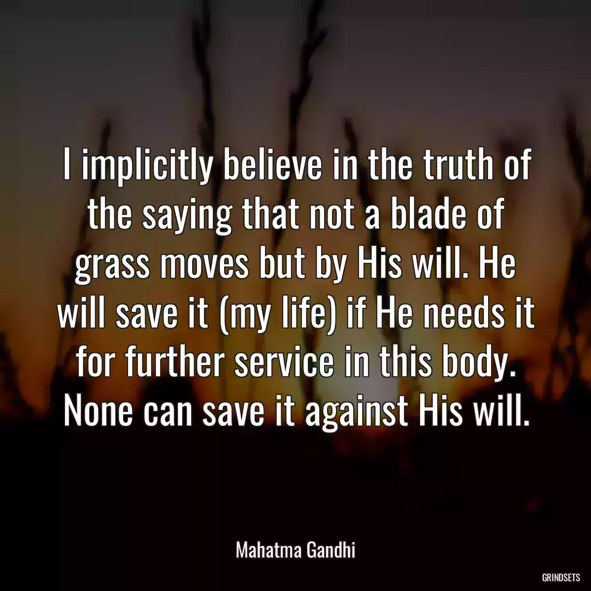 I implicitly believe in the truth of the saying that not a blade of grass moves but by His will. He will save it (my life) if He needs it for further service in this body. None can save it against His will.