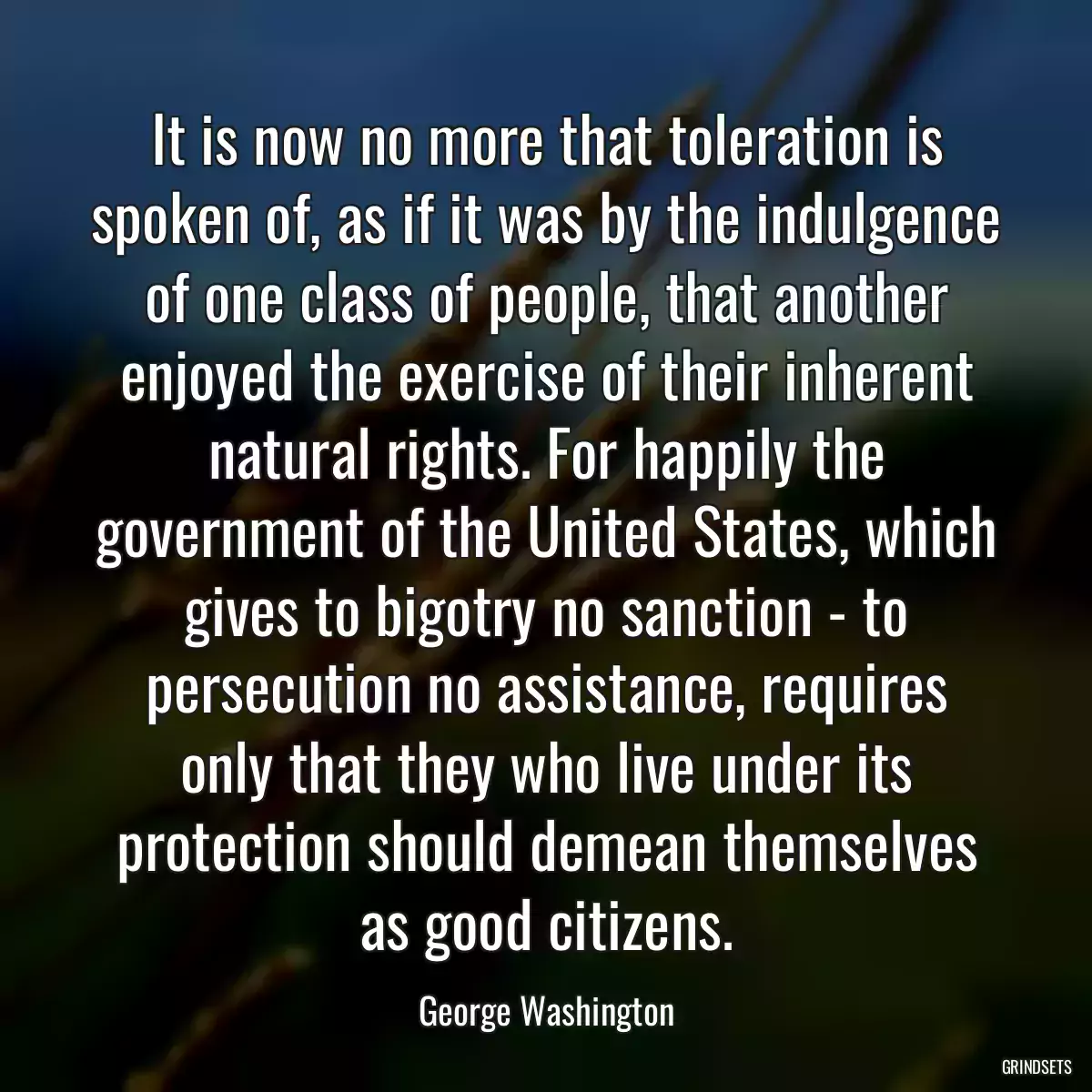 It is now no more that toleration is spoken of, as if it was by the indulgence of one class of people, that another enjoyed the exercise of their inherent natural rights. For happily the government of the United States, which gives to bigotry no sanction - to persecution no assistance, requires only that they who live under its protection should demean themselves as good citizens.