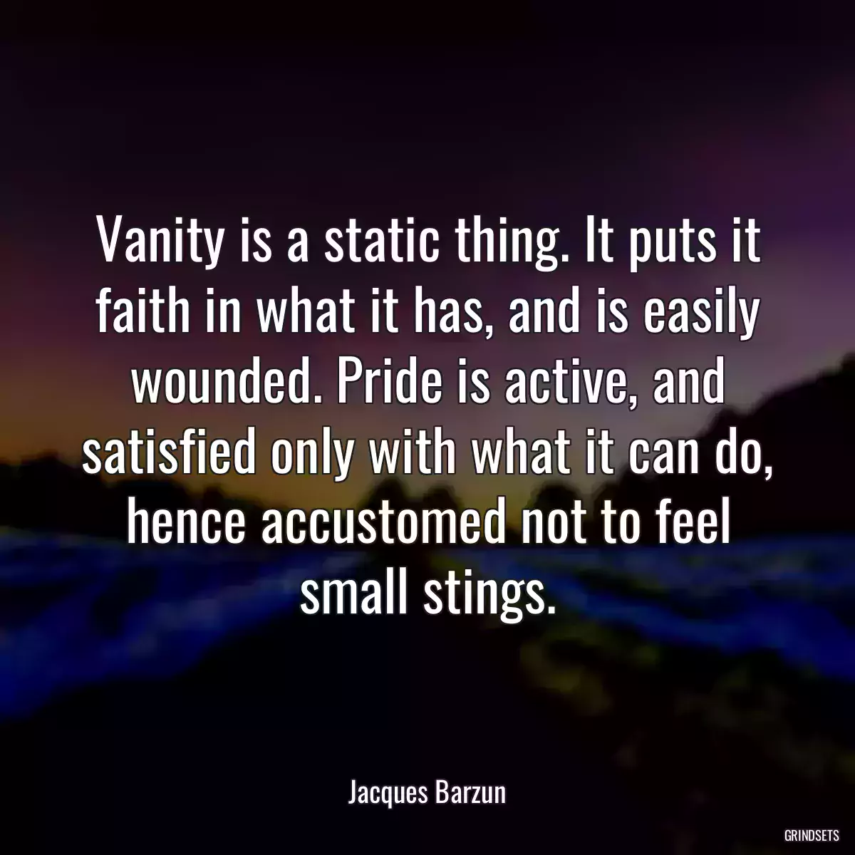 Vanity is a static thing. It puts it faith in what it has, and is easily wounded. Pride is active, and satisfied only with what it can do, hence accustomed not to feel small stings.