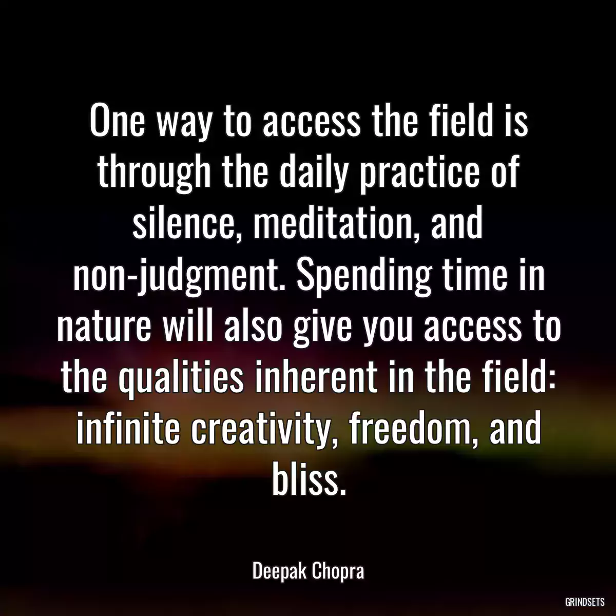 One way to access the field is through the daily practice of silence, meditation, and non-judgment. Spending time in nature will also give you access to the qualities inherent in the field: infinite creativity, freedom, and bliss.