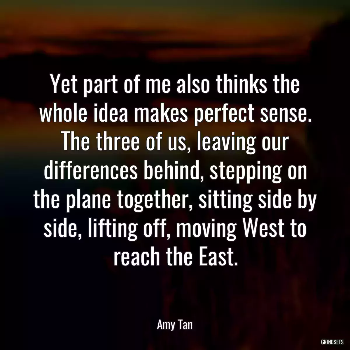 Yet part of me also thinks the whole idea makes perfect sense. The three of us, leaving our differences behind, stepping on the plane together, sitting side by side, lifting off, moving West to reach the East.