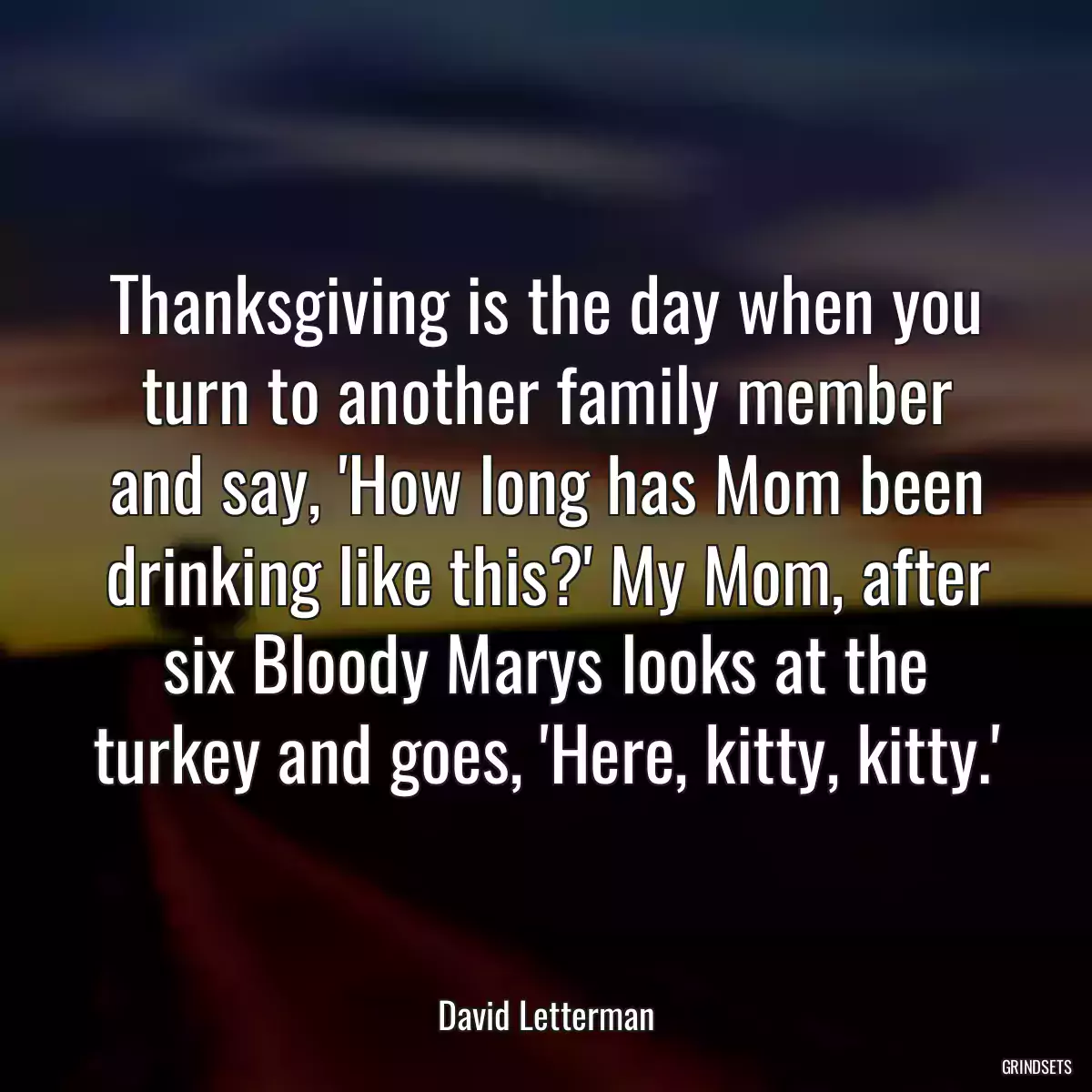 Thanksgiving is the day when you turn to another family member and say, \'How long has Mom been drinking like this?\' My Mom, after six Bloody Marys looks at the turkey and goes, \'Here, kitty, kitty.\'