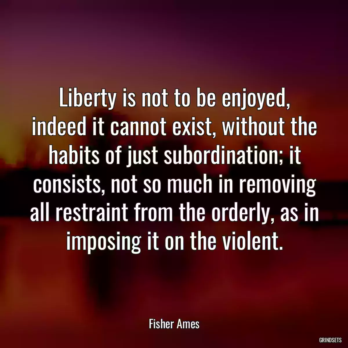 Liberty is not to be enjoyed, indeed it cannot exist, without the habits of just subordination; it consists, not so much in removing all restraint from the orderly, as in imposing it on the violent.