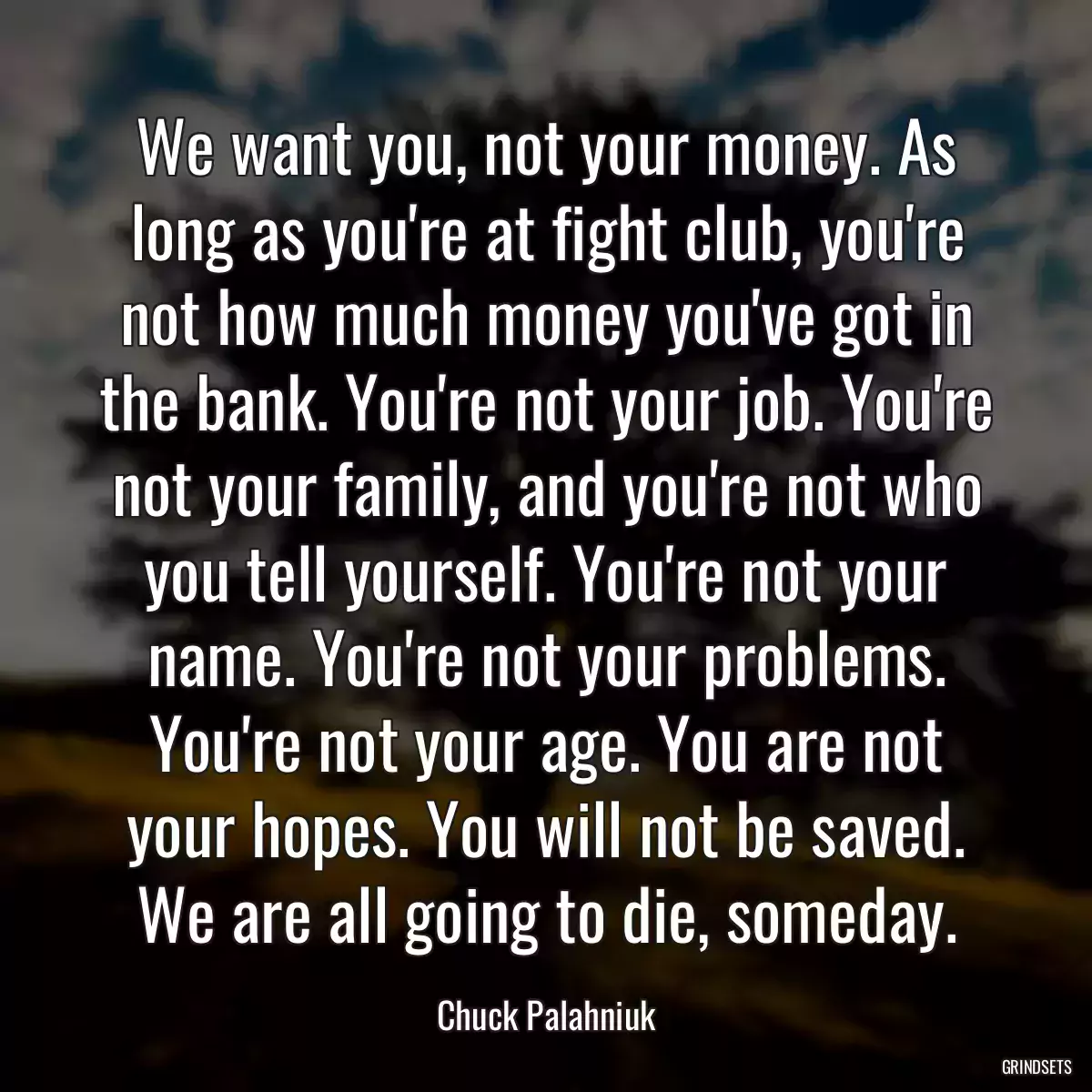 We want you, not your money. As long as you\'re at fight club, you\'re not how much money you\'ve got in the bank. You\'re not your job. You\'re not your family, and you\'re not who you tell yourself. You\'re not your name. You\'re not your problems. You\'re not your age. You are not your hopes. You will not be saved. We are all going to die, someday.