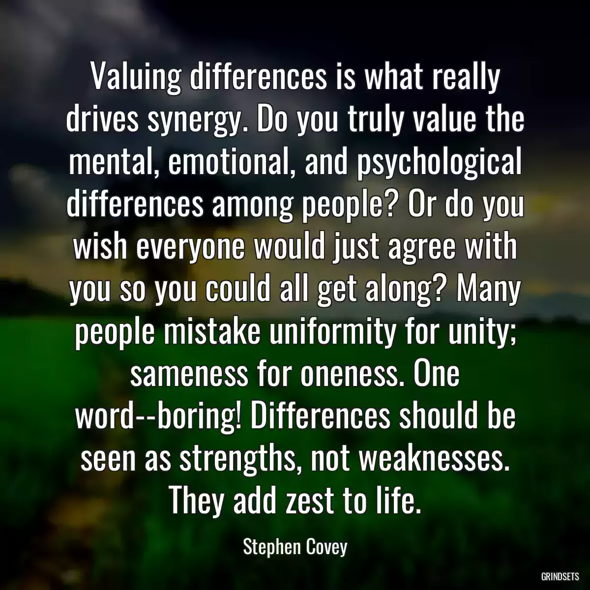 Valuing differences is what really drives synergy. Do you truly value the mental, emotional, and psychological differences among people? Or do you wish everyone would just agree with you so you could all get along? Many people mistake uniformity for unity; sameness for oneness. One word--boring! Differences should be seen as strengths, not weaknesses. They add zest to life.