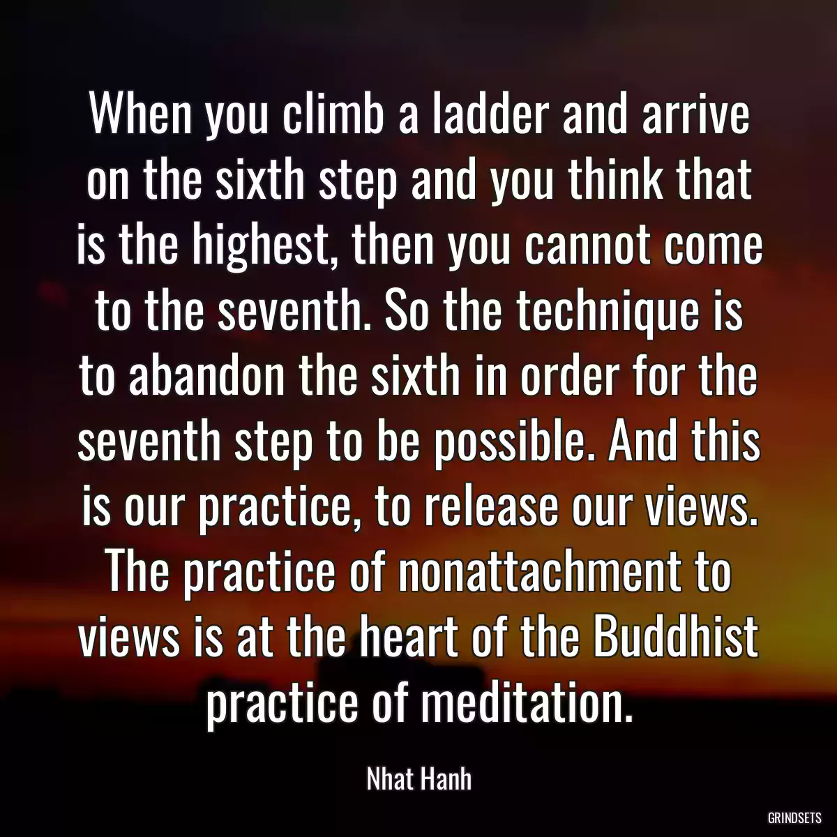 When you climb a ladder and arrive on the sixth step and you think that is the highest, then you cannot come to the seventh. So the technique is to abandon the sixth in order for the seventh step to be possible. And this is our practice, to release our views. The practice of nonattachment to views is at the heart of the Buddhist practice of meditation.