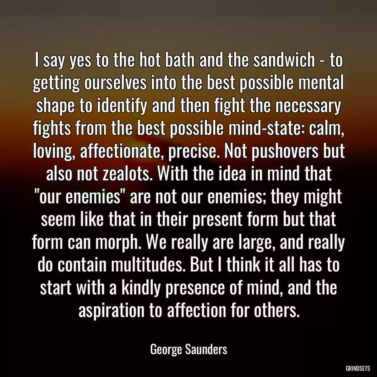 I say yes to the hot bath and the sandwich - to getting ourselves into the best possible mental shape to identify and then fight the necessary fights from the best possible mind-state: calm, loving, affectionate, precise. Not pushovers but also not zealots. With the idea in mind that \