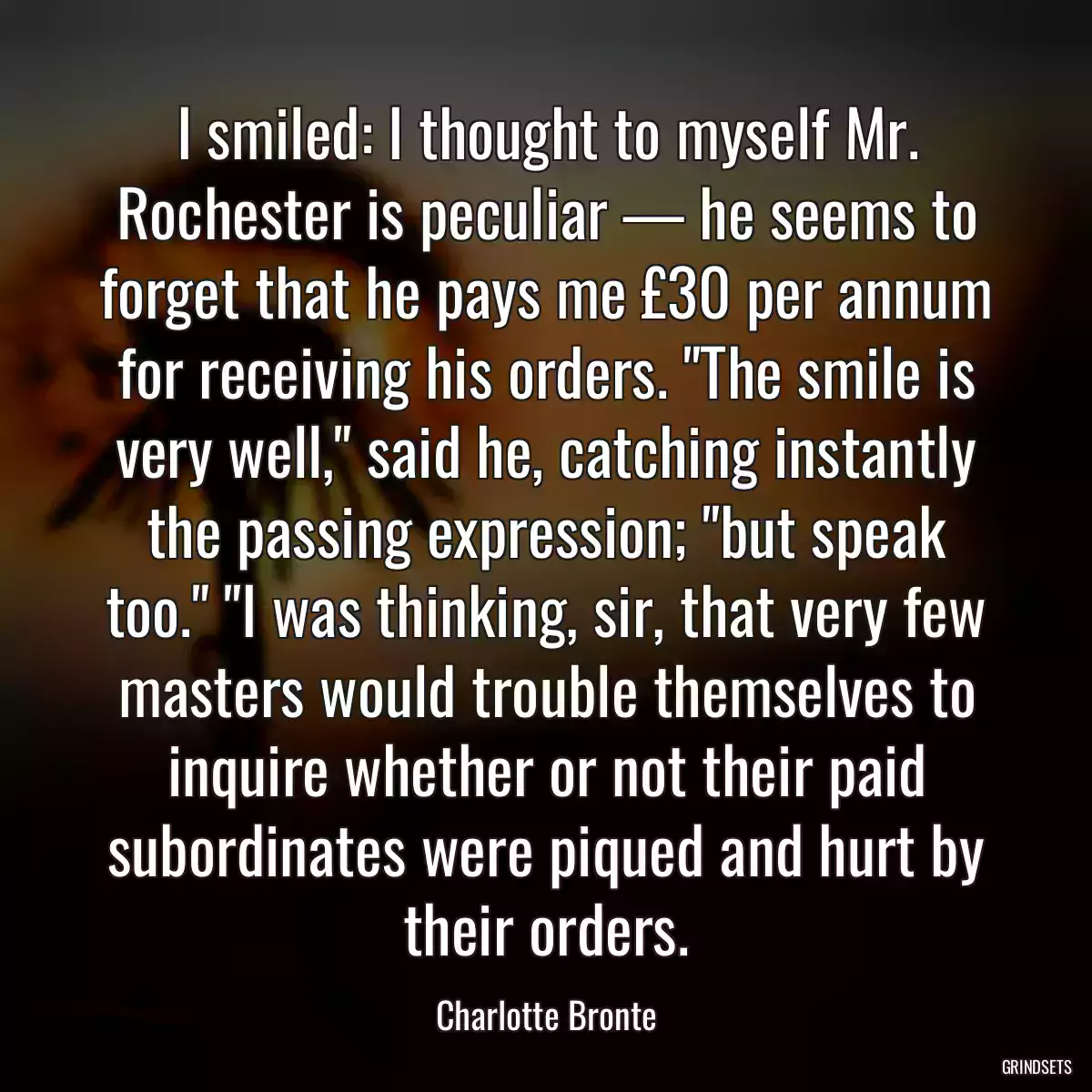 I smiled: I thought to myself Mr. Rochester is peculiar — he seems to forget that he pays me £30 per annum for receiving his orders. \