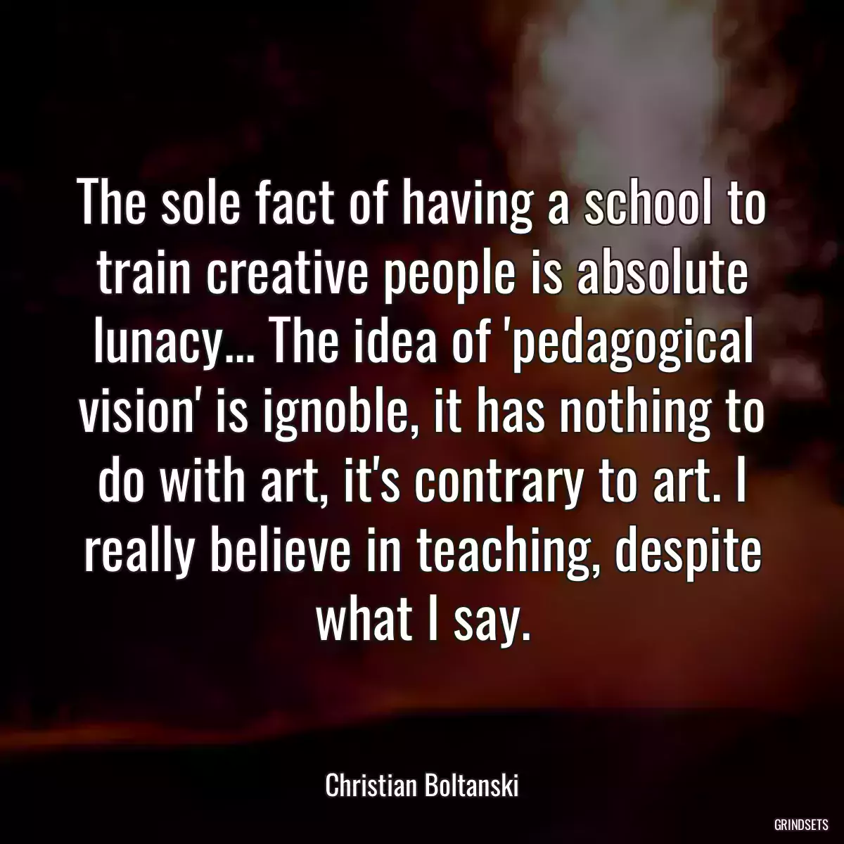 The sole fact of having a school to train creative people is absolute lunacy... The idea of \'pedagogical vision\' is ignoble, it has nothing to do with art, it\'s contrary to art. I really believe in teaching, despite what I say.