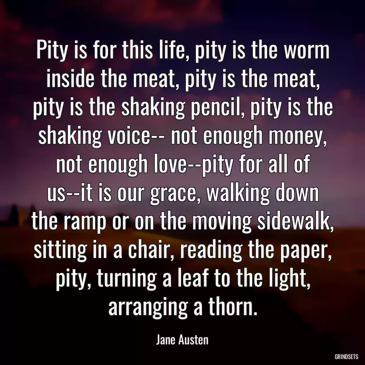 Pity is for this life, pity is the worm inside the meat, pity is the meat, pity is the shaking pencil, pity is the shaking voice-- not enough money, not enough love--pity for all of us--it is our grace, walking down the ramp or on the moving sidewalk, sitting in a chair, reading the paper, pity, turning a leaf to the light, arranging a thorn.