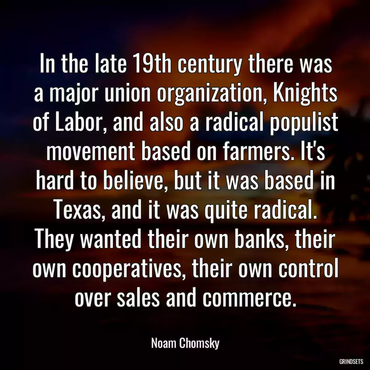 In the late 19th century there was a major union organization, Knights of Labor, and also a radical populist movement based on farmers. It\'s hard to believe, but it was based in Texas, and it was quite radical. They wanted their own banks, their own cooperatives, their own control over sales and commerce.