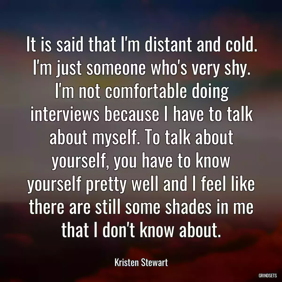 It is said that I\'m distant and cold. I\'m just someone who\'s very shy. I\'m not comfortable doing interviews because I have to talk about myself. To talk about yourself, you have to know yourself pretty well and I feel like there are still some shades in me that I don\'t know about.