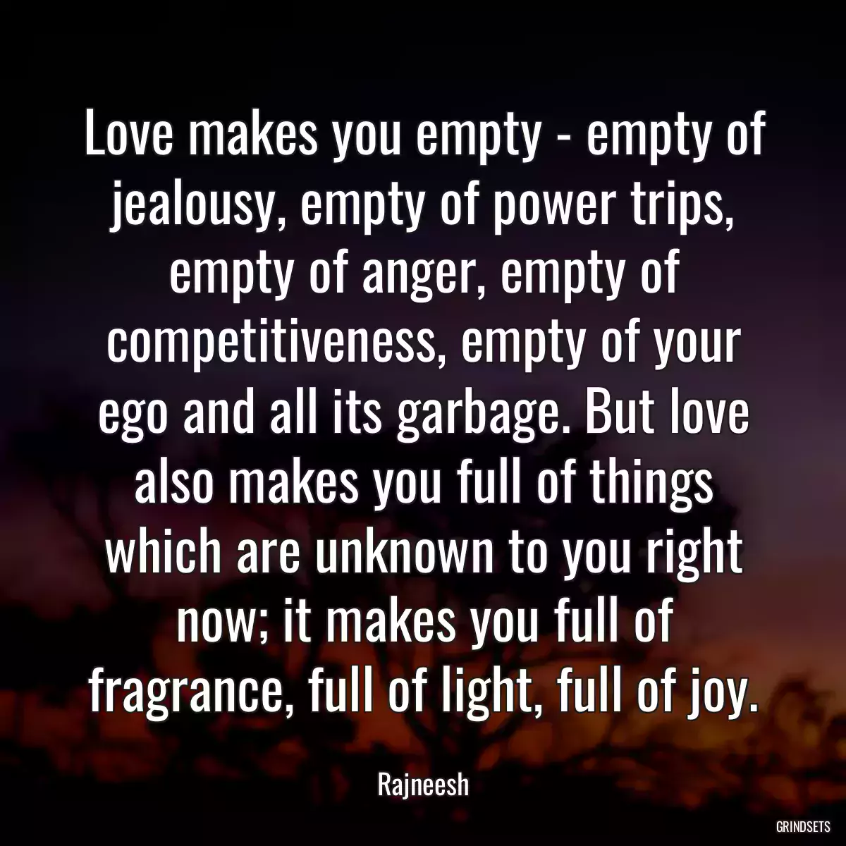 Love makes you empty - empty of jealousy, empty of power trips, empty of anger, empty of competitiveness, empty of your ego and all its garbage. But love also makes you full of things which are unknown to you right now; it makes you full of fragrance, full of light, full of joy.