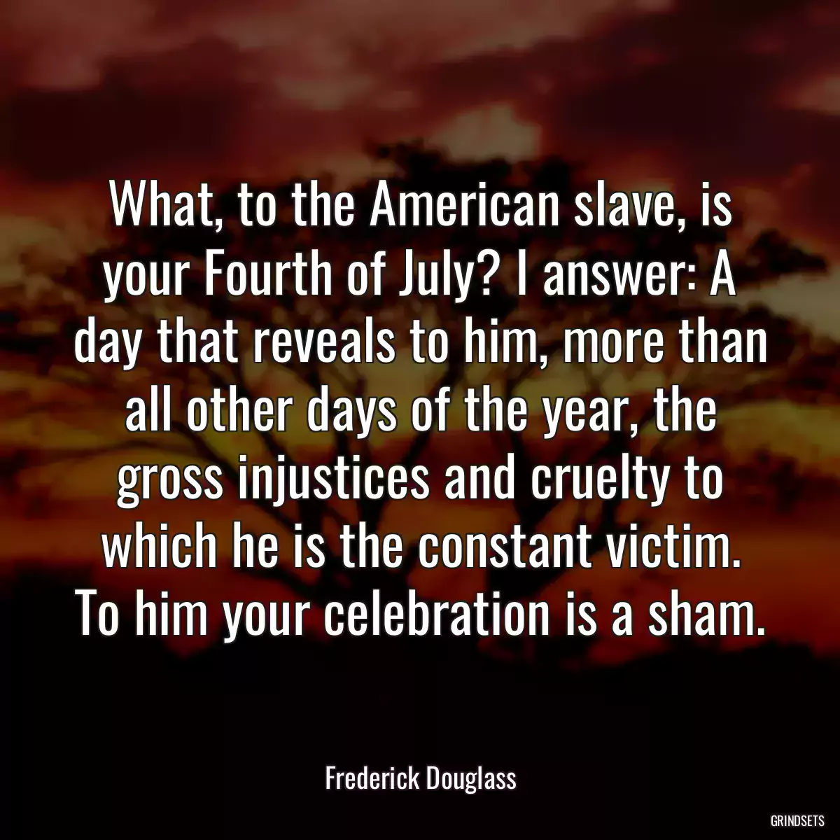 What, to the American slave, is your Fourth of July? I answer: A day that reveals to him, more than all other days of the year, the gross injustices and cruelty to which he is the constant victim. To him your celebration is a sham.