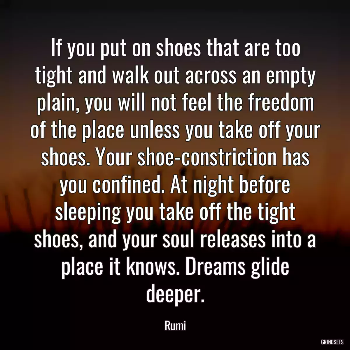 If you put on shoes that are too tight and walk out across an empty plain, you will not feel the freedom of the place unless you take off your shoes. Your shoe-constriction has you confined. At night before sleeping you take off the tight shoes, and your soul releases into a place it knows. Dreams glide deeper.