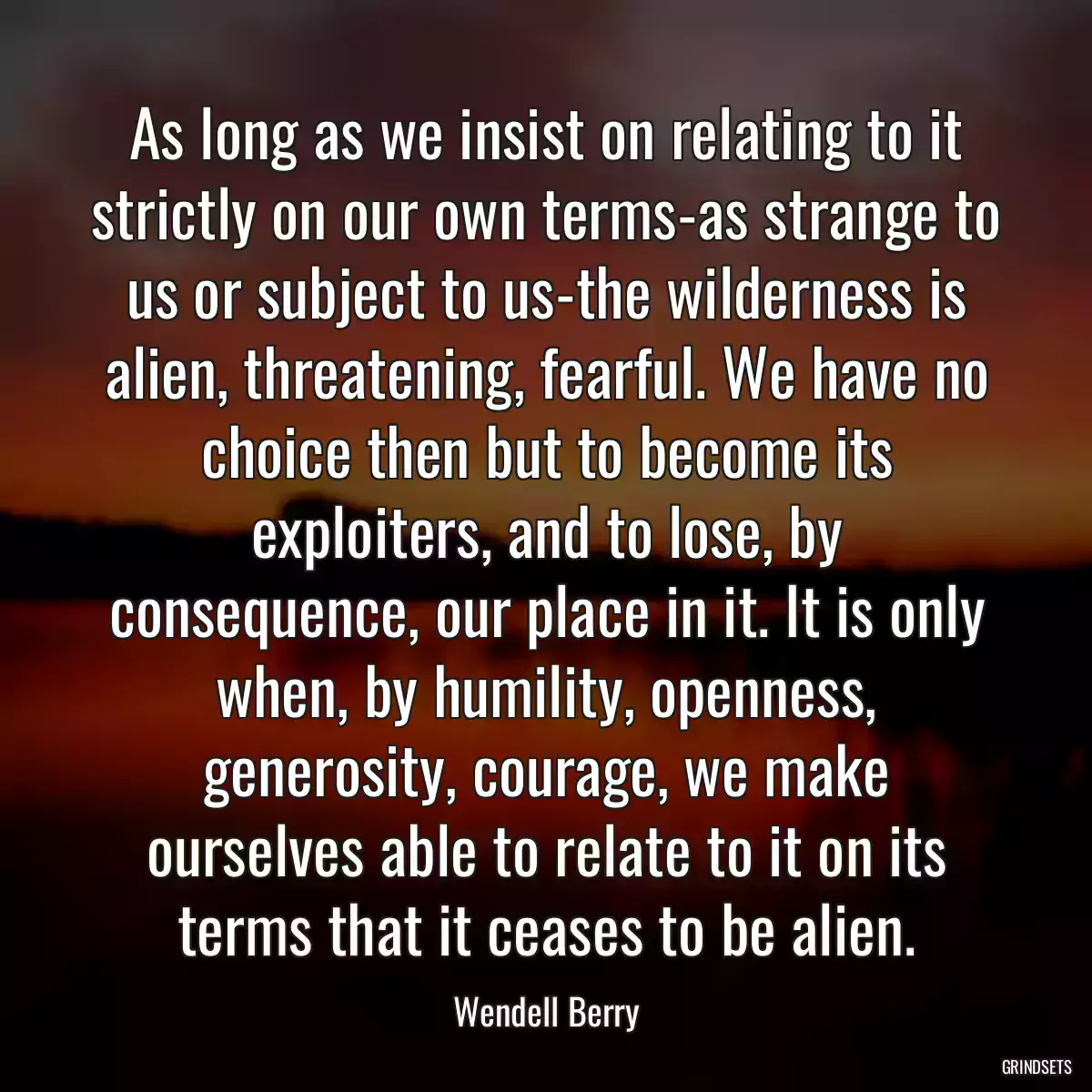 As long as we insist on relating to it strictly on our own terms-as strange to us or subject to us-the wilderness is alien, threatening, fearful. We have no choice then but to become its exploiters, and to lose, by consequence, our place in it. It is only when, by humility, openness, generosity, courage, we make ourselves able to relate to it on its terms that it ceases to be alien.