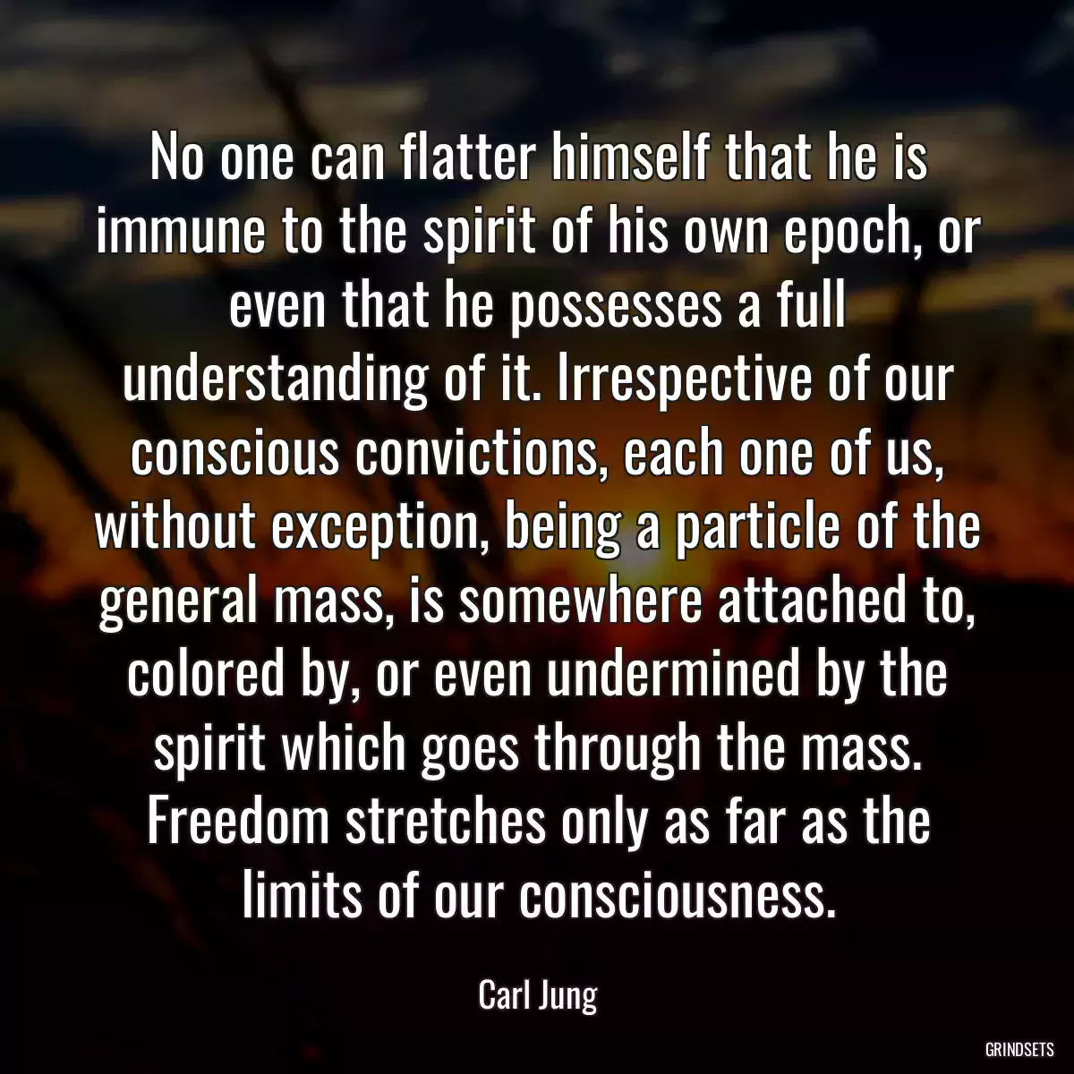 No one can flatter himself that he is immune to the spirit of his own epoch, or even that he possesses a full understanding of it. Irrespective of our conscious convictions, each one of us, without exception, being a particle of the general mass, is somewhere attached to, colored by, or even undermined by the spirit which goes through the mass. Freedom stretches only as far as the limits of our consciousness.