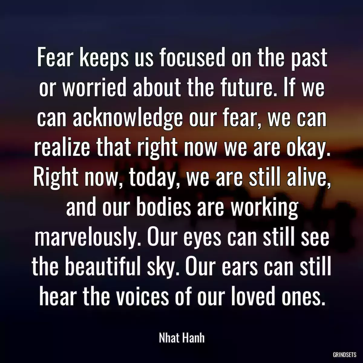 Fear keeps us focused on the past or worried about the future. If we can acknowledge our fear, we can realize that right now we are okay. Right now, today, we are still alive, and our bodies are working marvelously. Our eyes can still see the beautiful sky. Our ears can still hear the voices of our loved ones.