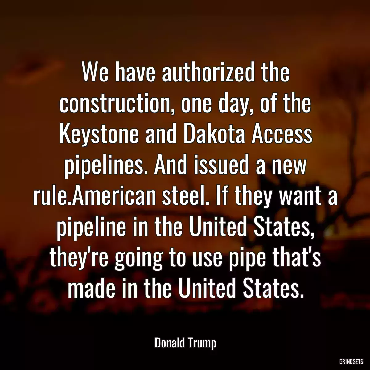 We have authorized the construction, one day, of the Keystone and Dakota Access pipelines. And issued a new rule.American steel. If they want a pipeline in the United States, they\'re going to use pipe that\'s made in the United States.