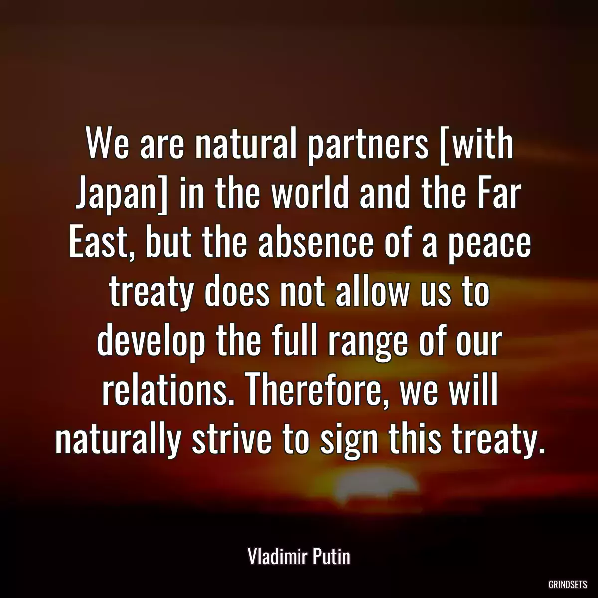 We are natural partners [with Japan] in the world and the Far East, but the absence of a peace treaty does not allow us to develop the full range of our relations. Therefore, we will naturally strive to sign this treaty.