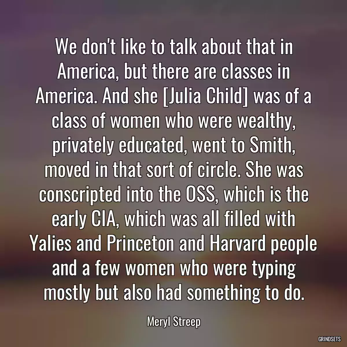 We don\'t like to talk about that in America, but there are classes in America. And she [Julia Child] was of a class of women who were wealthy, privately educated, went to Smith, moved in that sort of circle. She was conscripted into the OSS, which is the early CIA, which was all filled with Yalies and Princeton and Harvard people and a few women who were typing mostly but also had something to do.