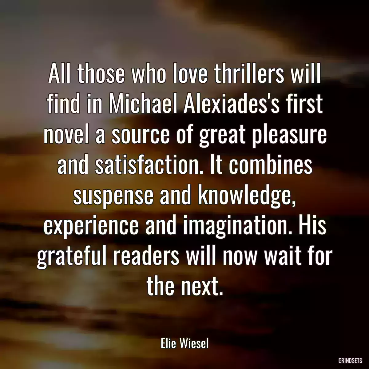 All those who love thrillers will find in Michael Alexiades\'s first novel a source of great pleasure and satisfaction. It combines suspense and knowledge, experience and imagination. His grateful readers will now wait for the next.