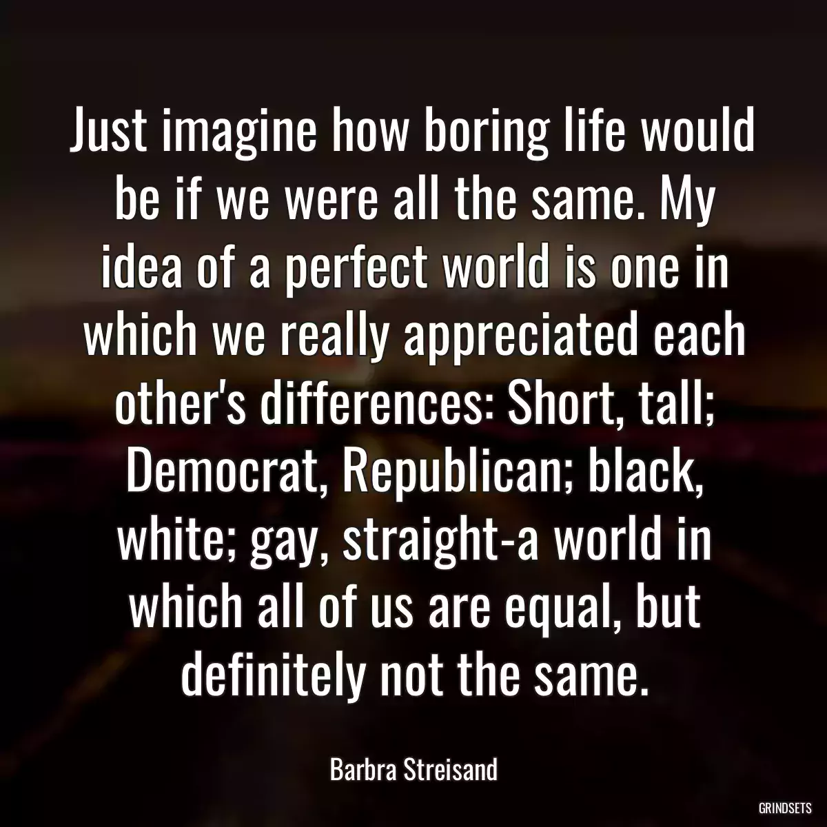 Just imagine how boring life would be if we were all the same. My idea of a perfect world is one in which we really appreciated each other\'s differences: Short, tall; Democrat, Republican; black, white; gay, straight-a world in which all of us are equal, but definitely not the same.