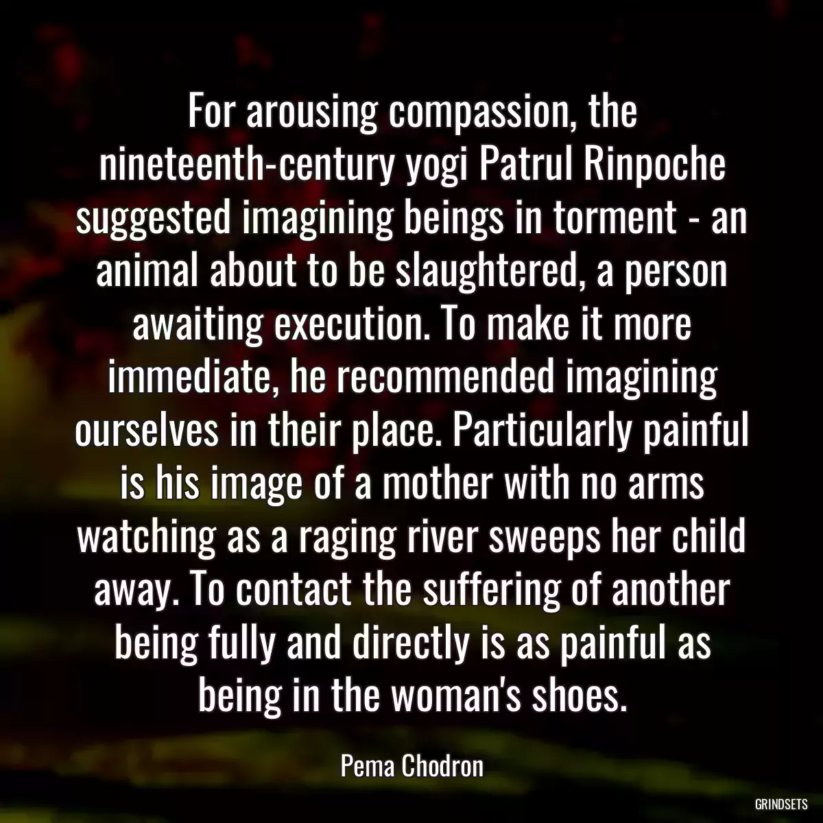 For arousing compassion, the nineteenth-century yogi Patrul Rinpoche suggested imagining beings in torment - an animal about to be slaughtered, a person awaiting execution. To make it more immediate, he recommended imagining ourselves in their place. Particularly painful is his image of a mother with no arms watching as a raging river sweeps her child away. To contact the suffering of another being fully and directly is as painful as being in the woman\'s shoes.