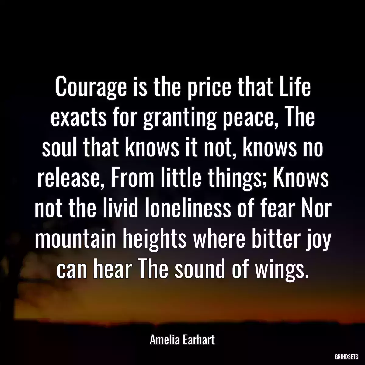 Courage is the price that Life exacts for granting peace, The soul that knows it not, knows no release, From little things; Knows not the livid loneliness of fear Nor mountain heights where bitter joy can hear The sound of wings.