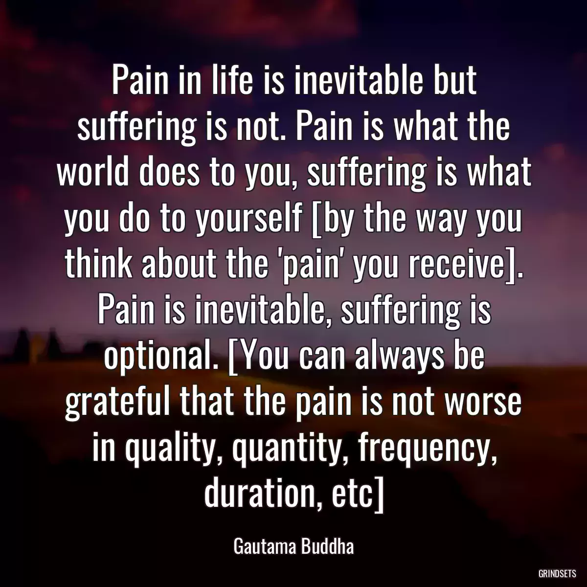 Pain in life is inevitable but suffering is not. Pain is what the world does to you, suffering is what you do to yourself [by the way you think about the \'pain\' you receive]. Pain is inevitable, suffering is optional. [You can always be grateful that the pain is not worse in quality, quantity, frequency, duration, etc]