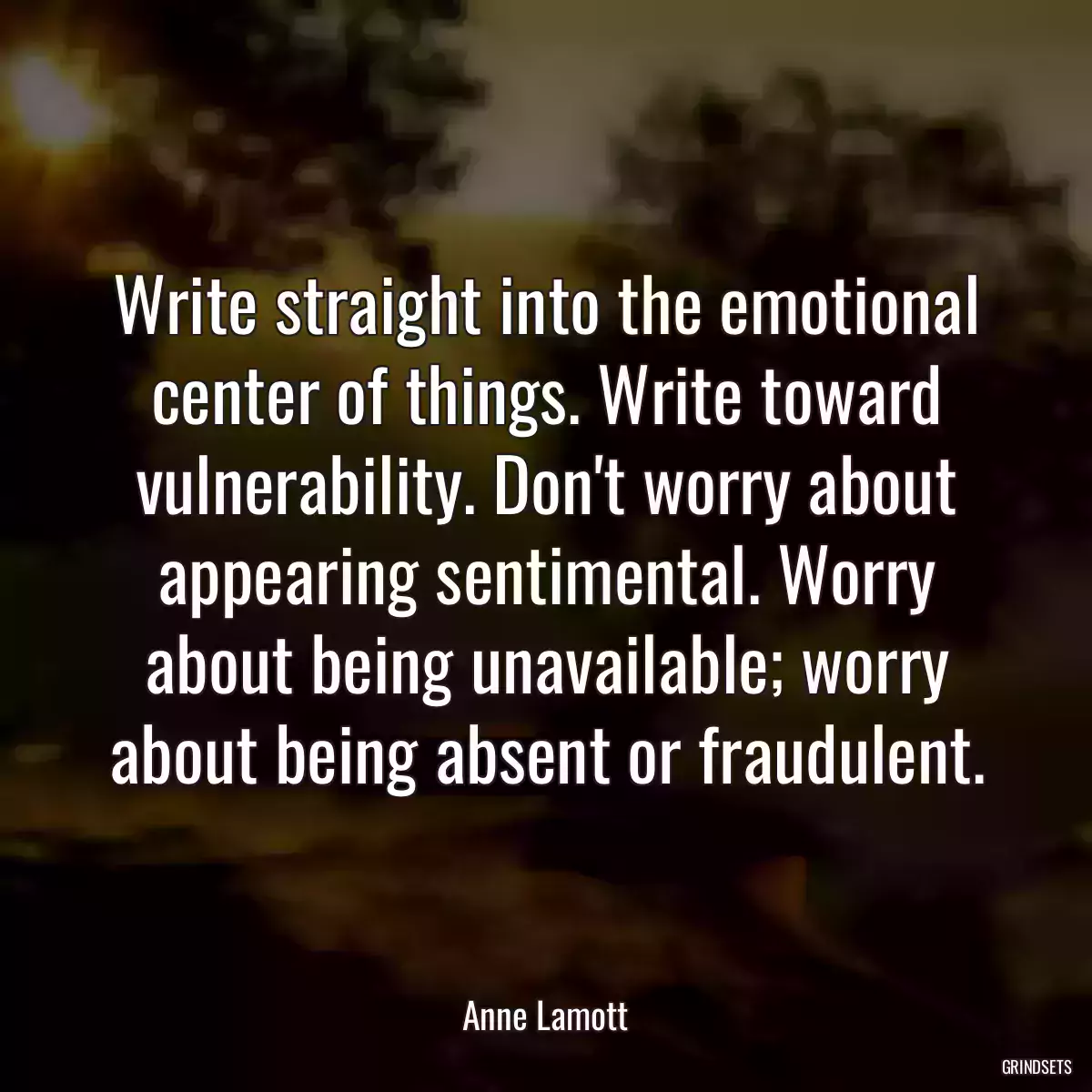 Write straight into the emotional center of things. Write toward vulnerability. Don\'t worry about appearing sentimental. Worry about being unavailable; worry about being absent or fraudulent.