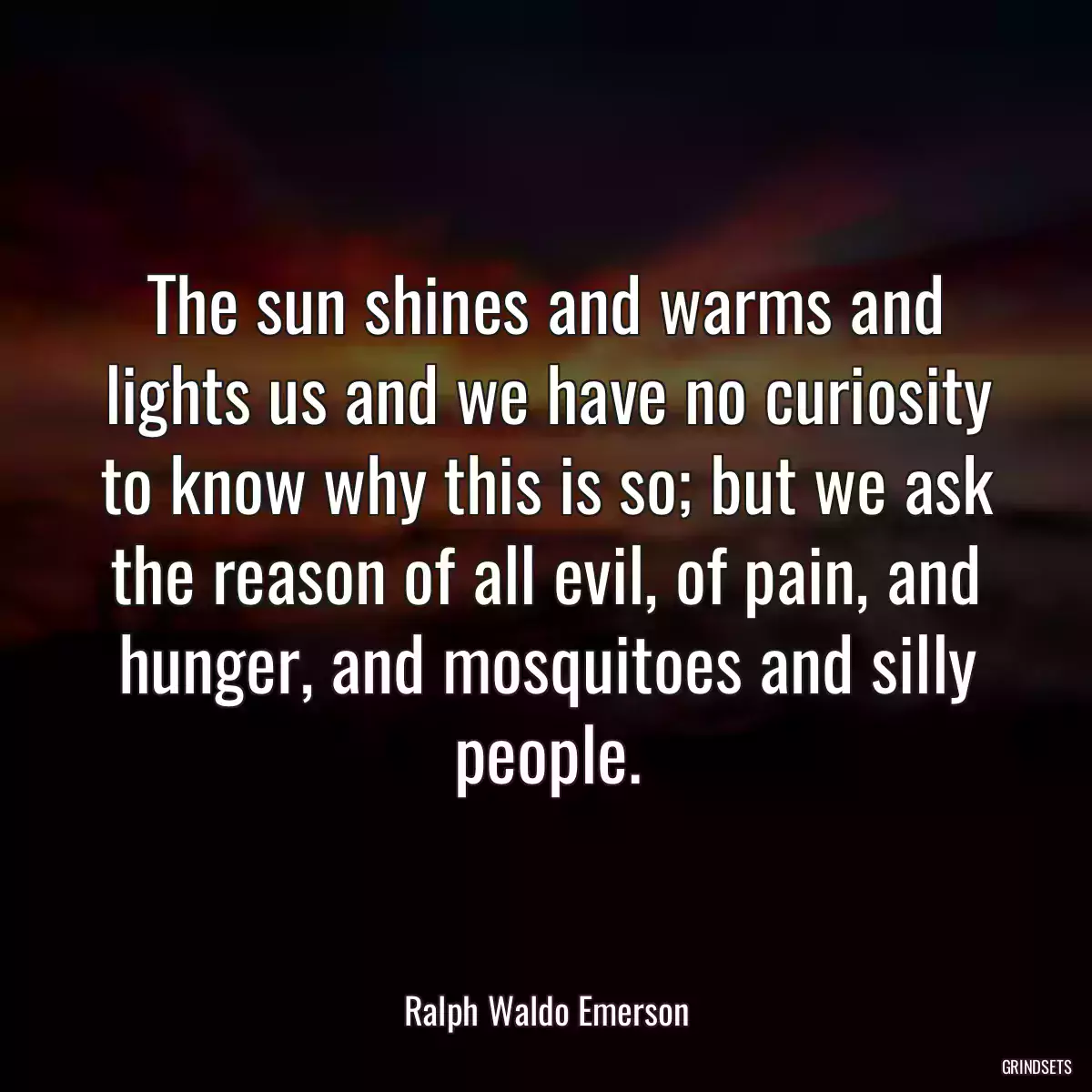 The sun shines and warms and lights us and we have no curiosity to know why this is so; but we ask the reason of all evil, of pain, and hunger, and mosquitoes and silly people.