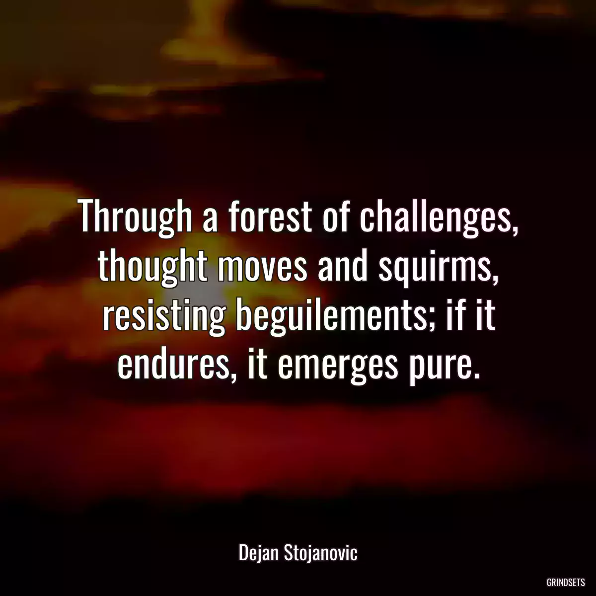 Through a forest of challenges, thought moves and squirms, resisting beguilements; if it endures, it emerges pure.