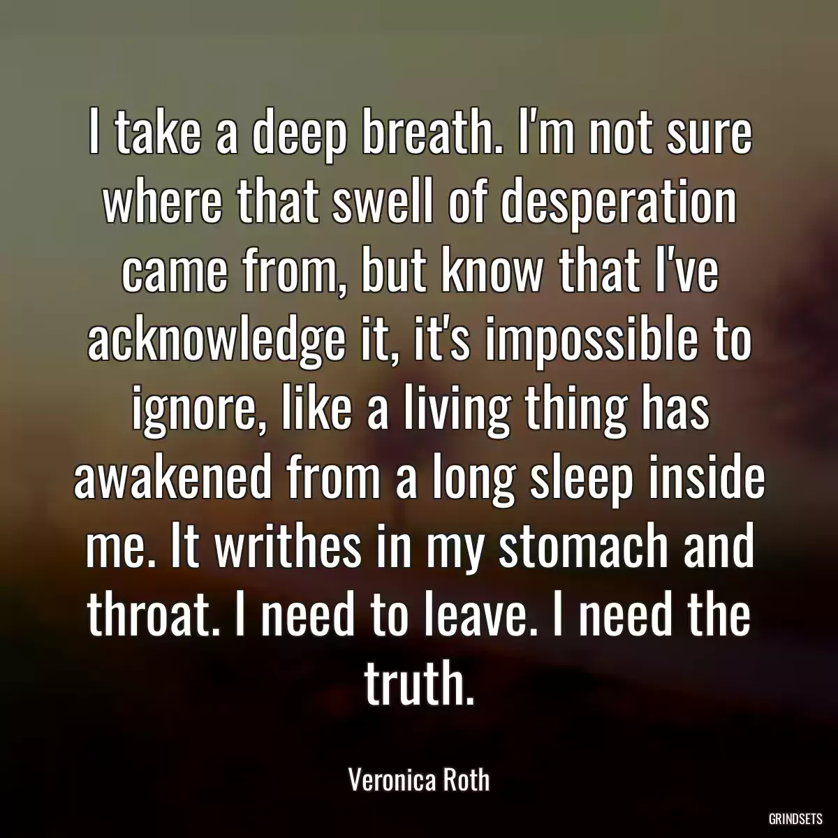 I take a deep breath. I\'m not sure where that swell of desperation came from, but know that I\'ve acknowledge it, it\'s impossible to ignore, like a living thing has awakened from a long sleep inside me. It writhes in my stomach and throat. I need to leave. I need the truth.