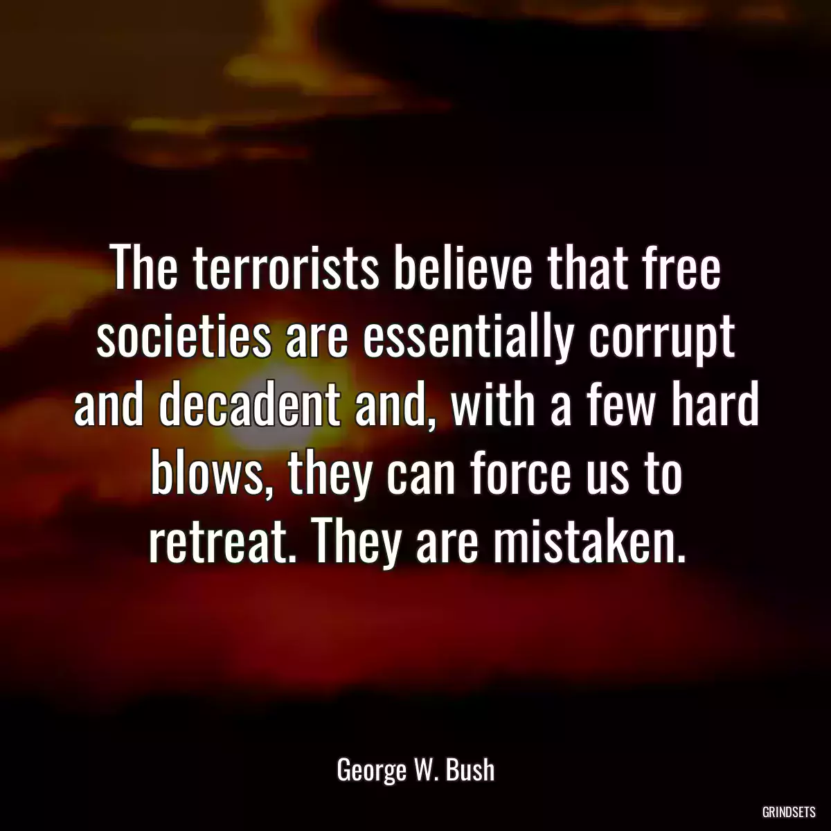 The terrorists believe that free societies are essentially corrupt and decadent and, with a few hard blows, they can force us to retreat. They are mistaken.