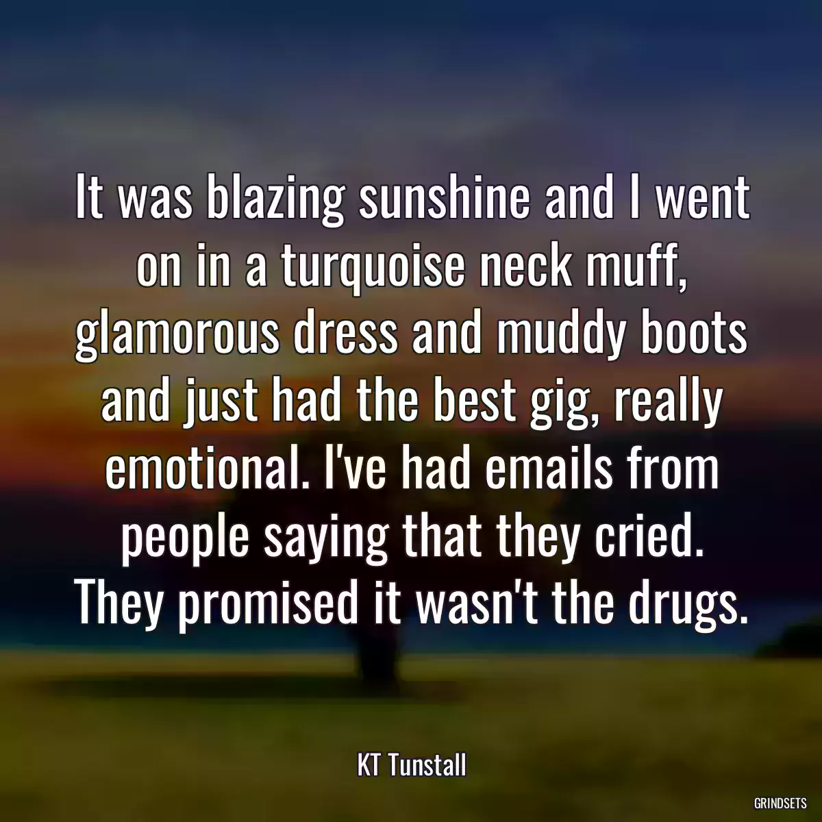 It was blazing sunshine and I went on in a turquoise neck muff, glamorous dress and muddy boots and just had the best gig, really emotional. I\'ve had emails from people saying that they cried. They promised it wasn\'t the drugs.