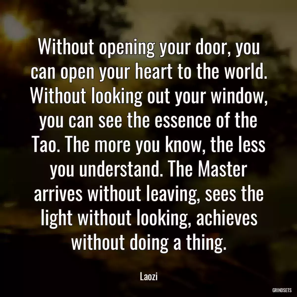 Without opening your door, you can open your heart to the world. Without looking out your window, you can see the essence of the Tao. The more you know, the less you understand. The Master arrives without leaving, sees the light without looking, achieves without doing a thing.