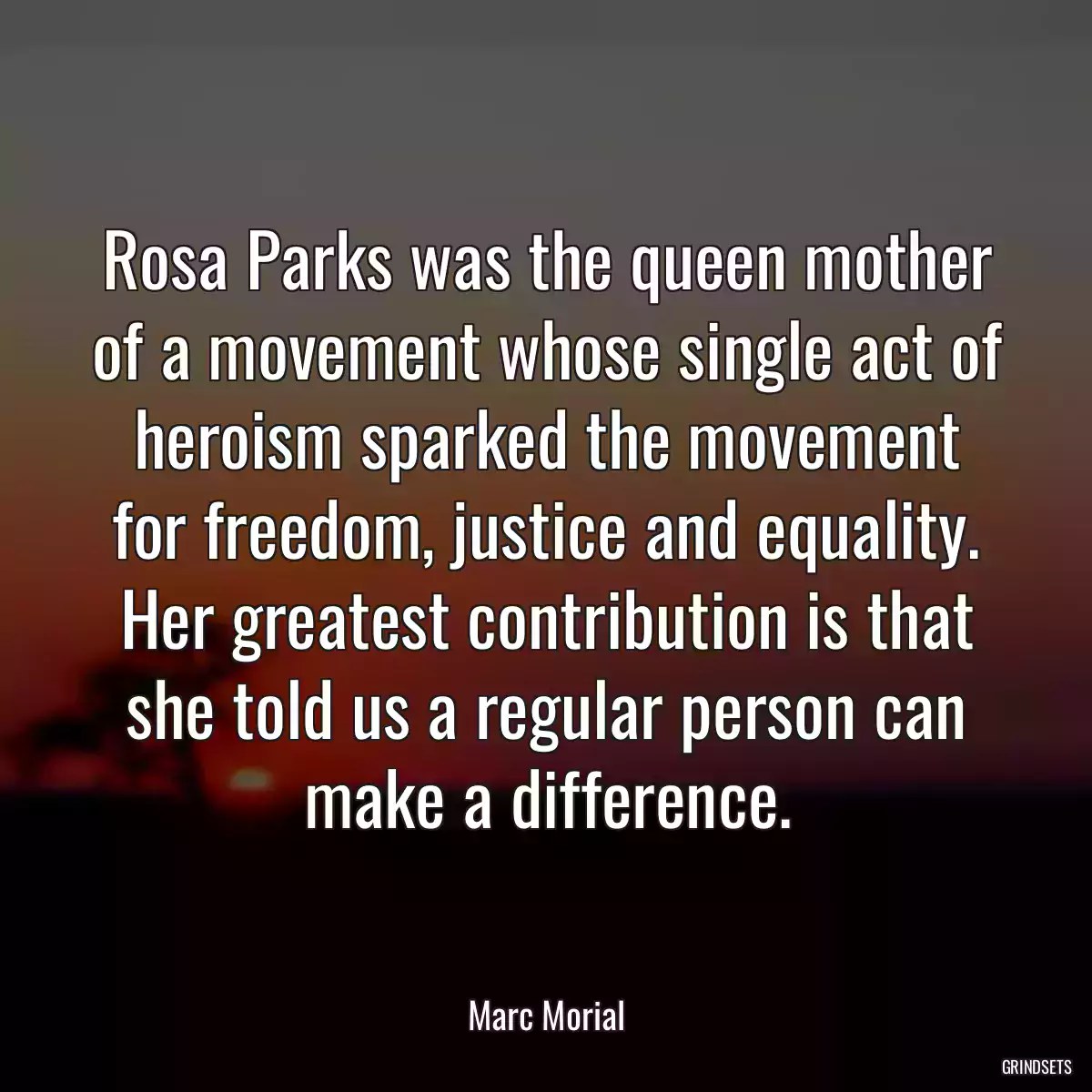 Rosa Parks was the queen mother of a movement whose single act of heroism sparked the movement for freedom, justice and equality. Her greatest contribution is that she told us a regular person can make a difference.