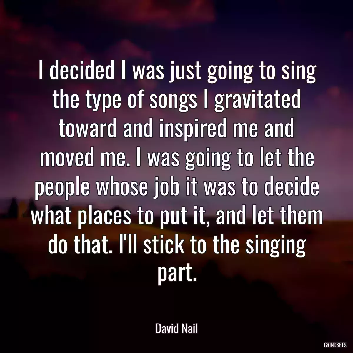 I decided I was just going to sing the type of songs I gravitated toward and inspired me and moved me. I was going to let the people whose job it was to decide what places to put it, and let them do that. I\'ll stick to the singing part.