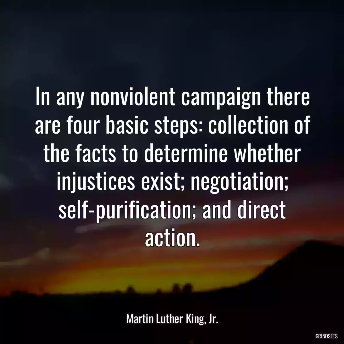 In any nonviolent campaign there are four basic steps: collection of the facts to determine whether injustices exist; negotiation; self-purification; and direct action.