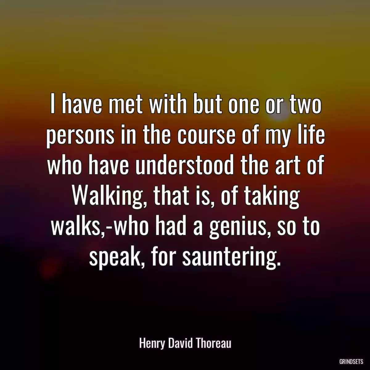 I have met with but one or two persons in the course of my life who have understood the art of Walking, that is, of taking walks,-who had a genius, so to speak, for sauntering.