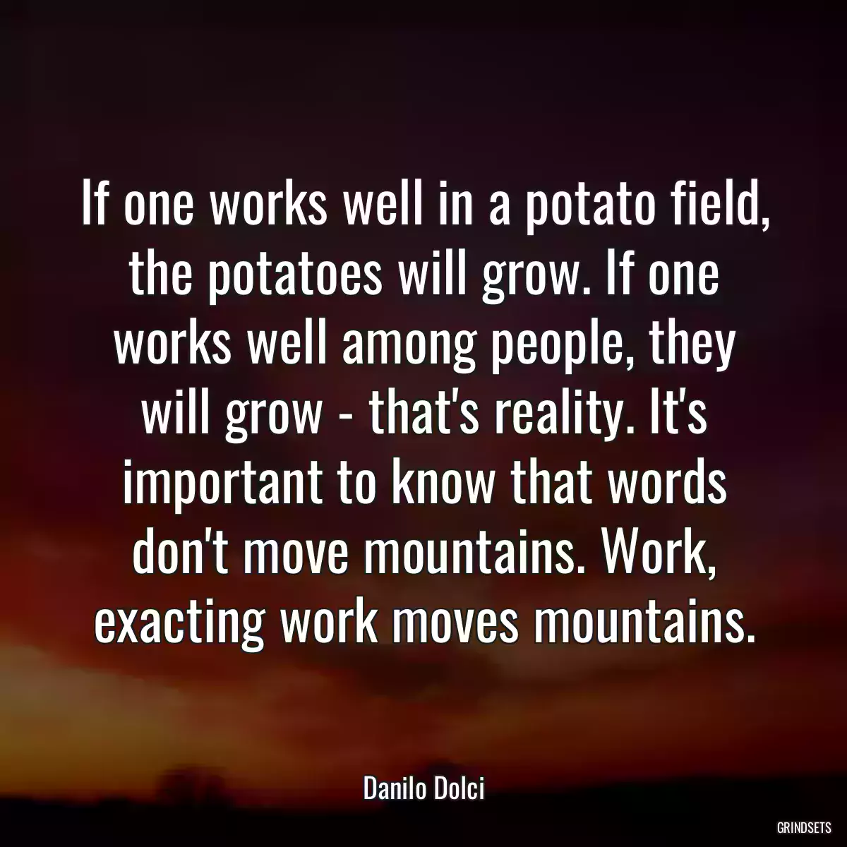 If one works well in a potato field, the potatoes will grow. If one works well among people, they will grow - that\'s reality. It\'s important to know that words don\'t move mountains. Work, exacting work moves mountains.