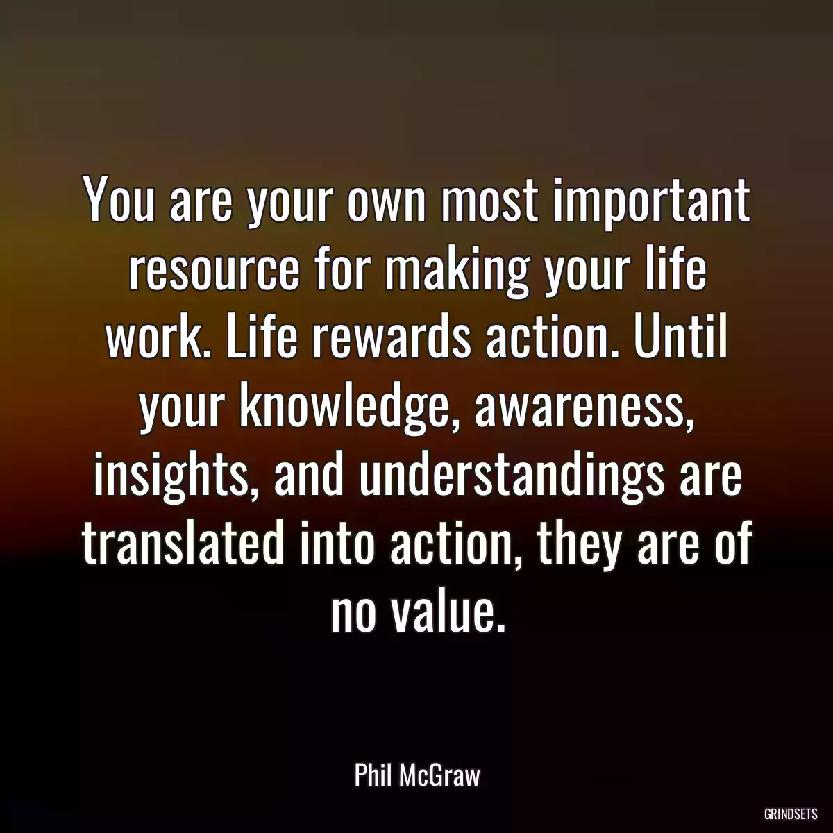 You are your own most important resource for making your life work. Life rewards action. Until your knowledge, awareness, insights, and understandings are translated into action, they are of no value.