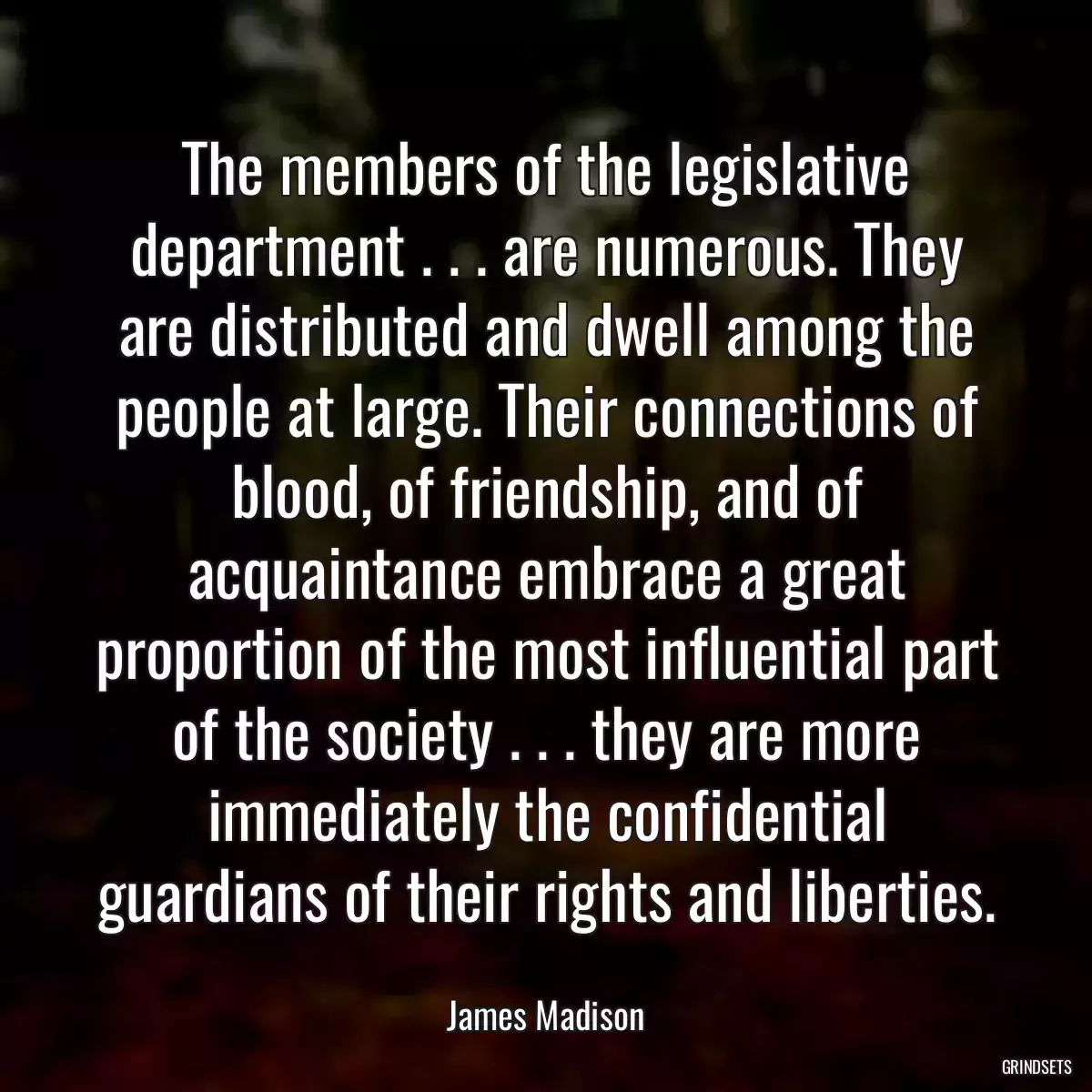 The members of the legislative department . . . are numerous. They are distributed and dwell among the people at large. Their connections of blood, of friendship, and of acquaintance embrace a great proportion of the most influential part of the society . . . they are more immediately the confidential guardians of their rights and liberties.