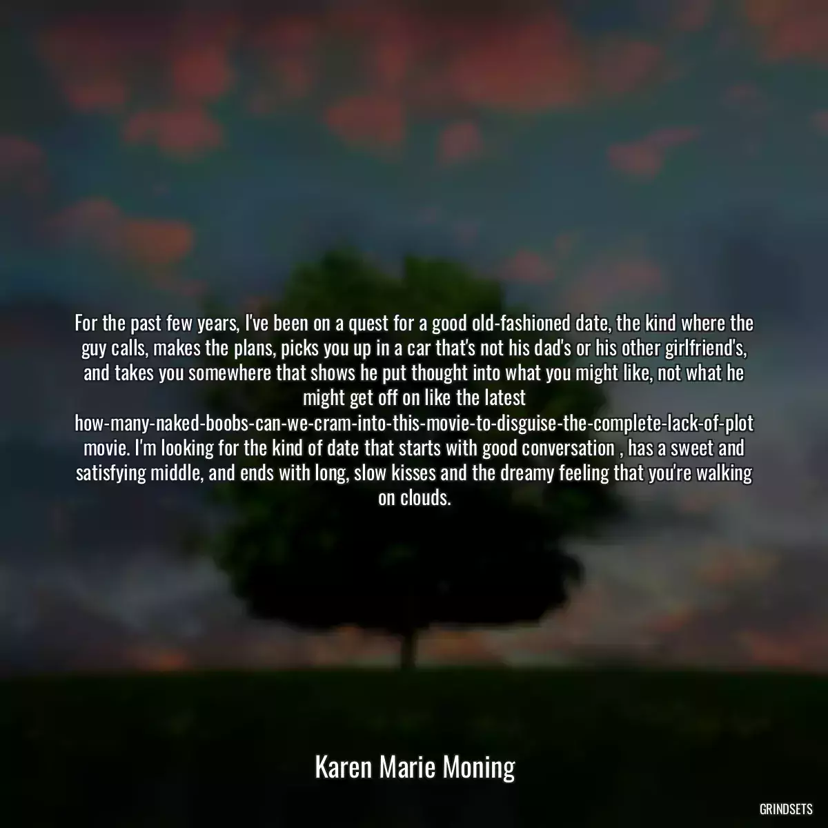 For the past few years, I\'ve been on a quest for a good old-fashioned date, the kind where the guy calls, makes the plans, picks you up in a car that\'s not his dad\'s or his other girlfriend\'s, and takes you somewhere that shows he put thought into what you might like, not what he might get off on like the latest how-many-naked-boobs-can-we-cram-into-this-movie-to-disguise-the-complete-lack-of-plot movie. I\'m looking for the kind of date that starts with good conversation , has a sweet and satisfying middle, and ends with long, slow kisses and the dreamy feeling that you\'re walking on clouds.