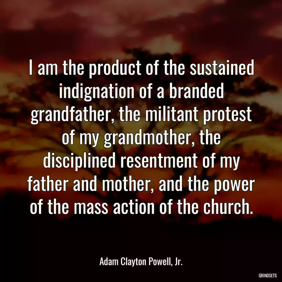 I am the product of the sustained indignation of a branded grandfather, the militant protest of my grandmother, the disciplined resentment of my father and mother, and the power of the mass action of the church.