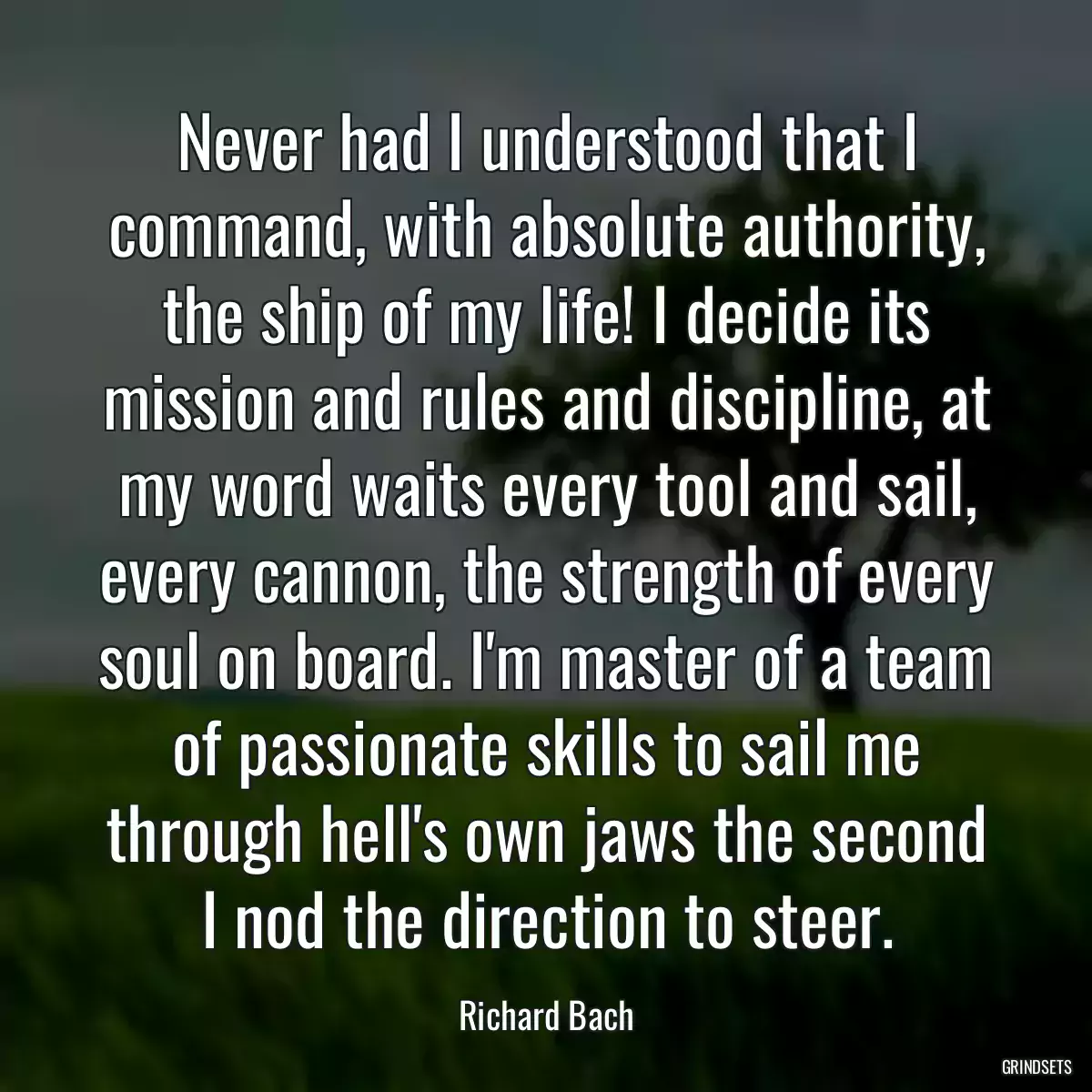 Never had I understood that I command, with absolute authority, the ship of my life! I decide its mission and rules and discipline, at my word waits every tool and sail, every cannon, the strength of every soul on board. I\'m master of a team of passionate skills to sail me through hell\'s own jaws the second I nod the direction to steer.