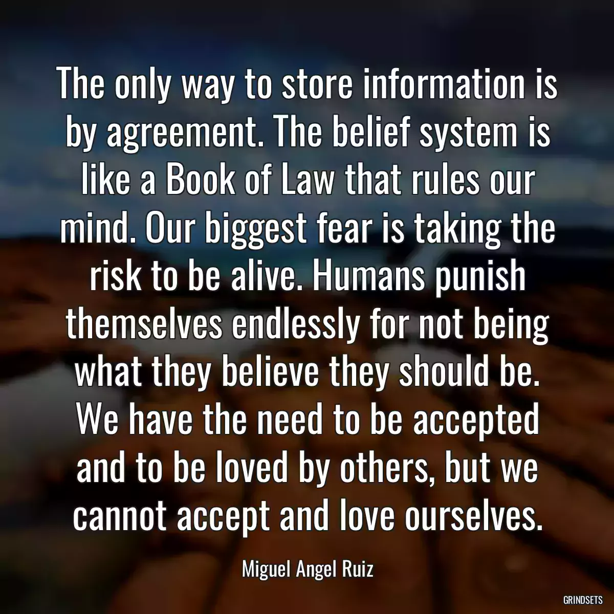 The only way to store information is by agreement. The belief system is like a Book of Law that rules our mind. Our biggest fear is taking the risk to be alive. Humans punish themselves endlessly for not being what they believe they should be. We have the need to be accepted and to be loved by others, but we cannot accept and love ourselves.